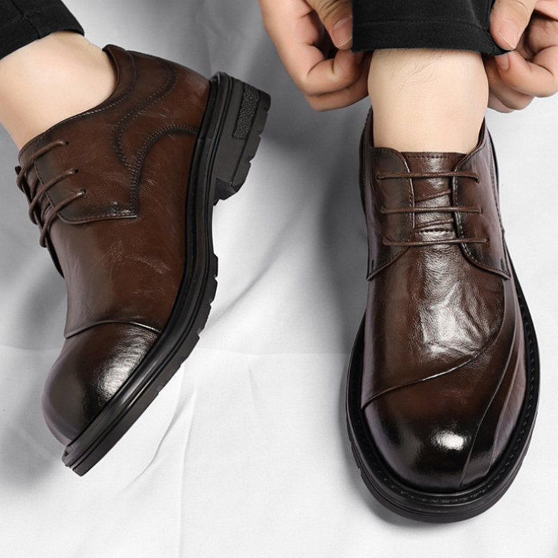 Men'S Formal Office Wear Shoes - Brown Burnished Genuine Leather Lace Up