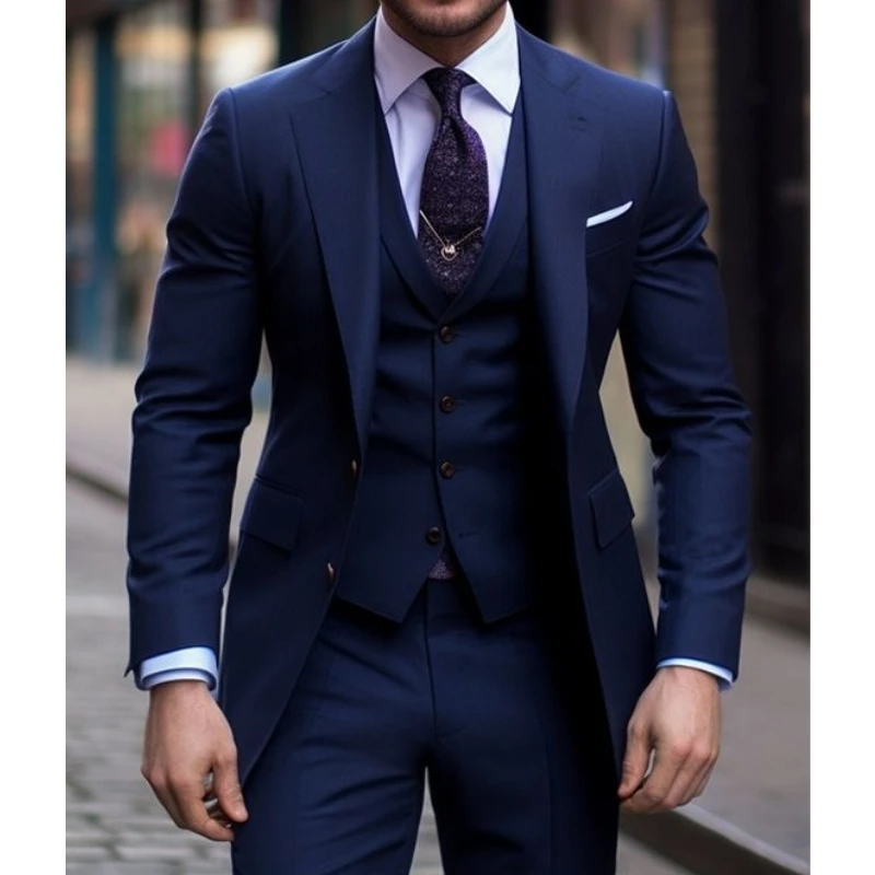 Men Formal Wear With Blazer - Navy Blue 3 Pieces Casual Male