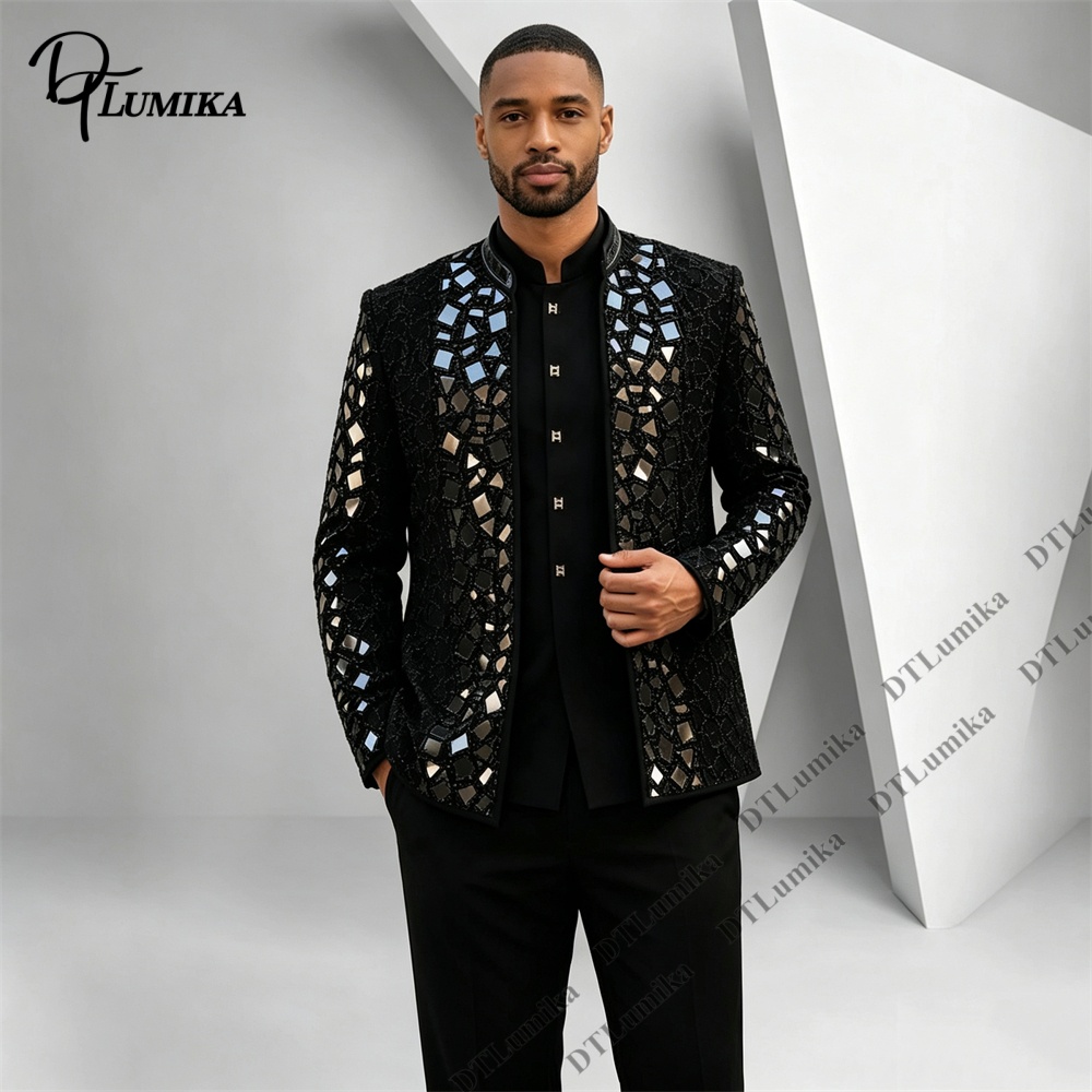 Men Formal Wear With Blazer - Men Black Mandarin Collar Suit Mirror