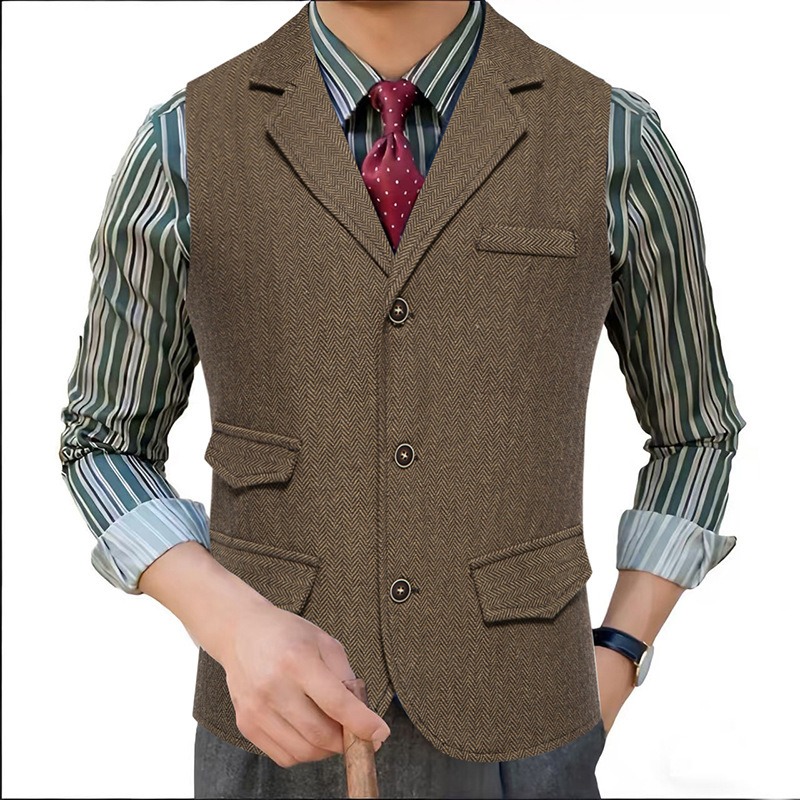 Men'S Formal Wear Waistcoat - Men's Herringbone Tweed Suit Vest Notch