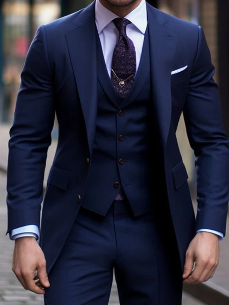 Navy Blue 3 Pieces Casual Male - Men Formal Wear With Blazer recension och pris